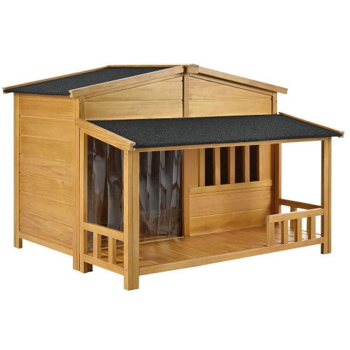 Outdoor & Indoor Dog Crate, Pet Kennel With Porch, Solid Wood, Weatherproof Dog House