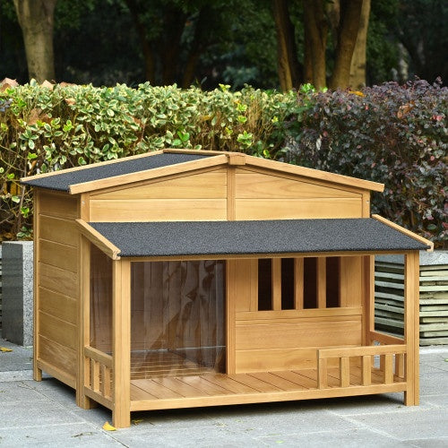 Outdoor & Indoor Dog Crate, Pet Kennel With Porch, Solid Wood, Weatherproof Dog House