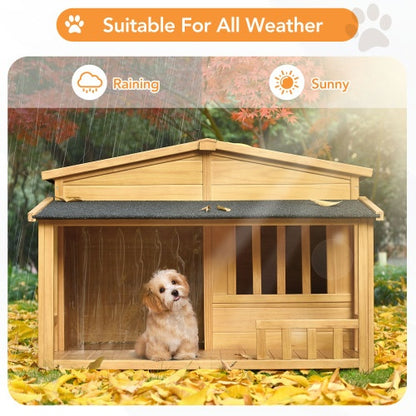 Outdoor & Indoor Dog Crate, Pet Kennel With Porch, Solid Wood, Weatherproof Dog House