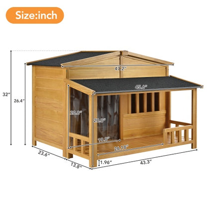 Outdoor & Indoor Dog Crate, Pet Kennel With Porch, Solid Wood, Weatherproof Dog House
