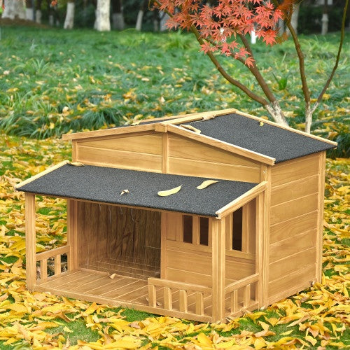 Outdoor & Indoor Dog Crate, Pet Kennel With Porch, Solid Wood, Weatherproof Dog House