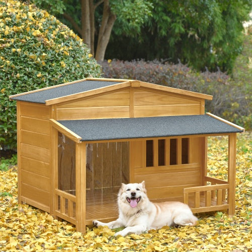 Outdoor & Indoor Dog Crate, Pet Kennel With Porch, Solid Wood, Weatherproof Dog House